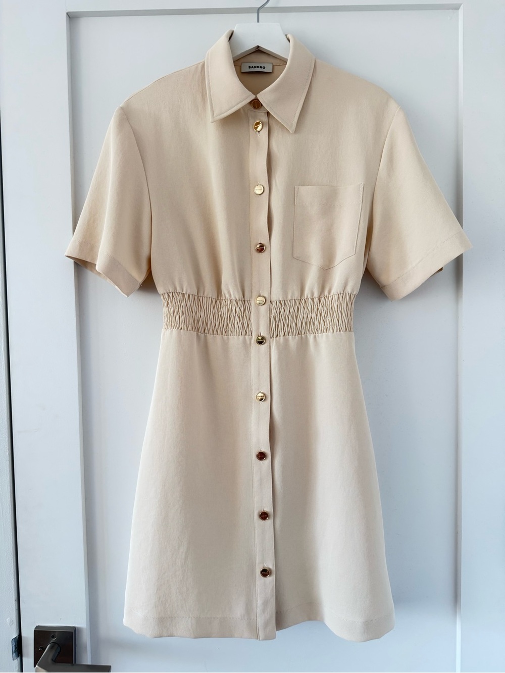 Sandro Beige/Cream Smocked-Waist Shirt Dress